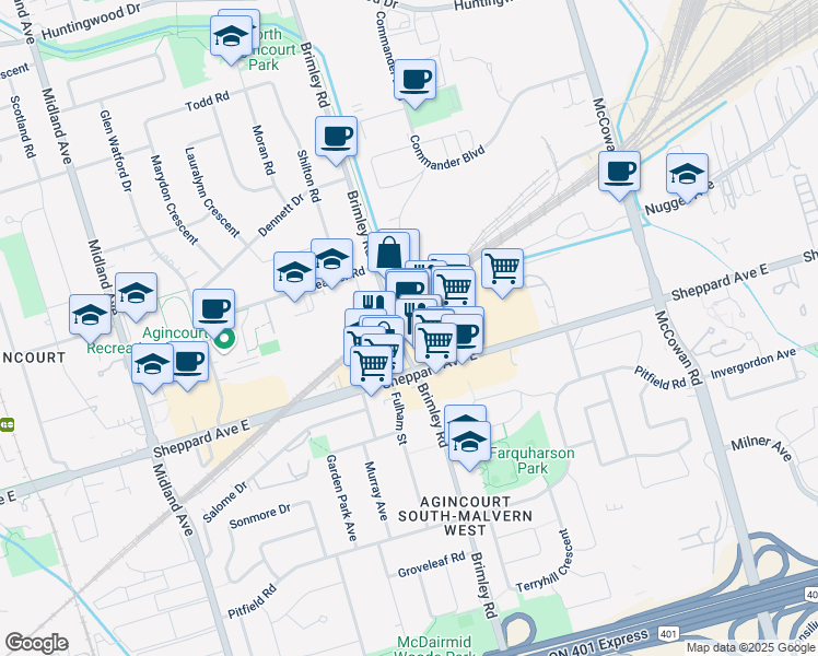 map of restaurants, bars, coffee shops, grocery stores, and more near 2101 Brimley Road in Toronto