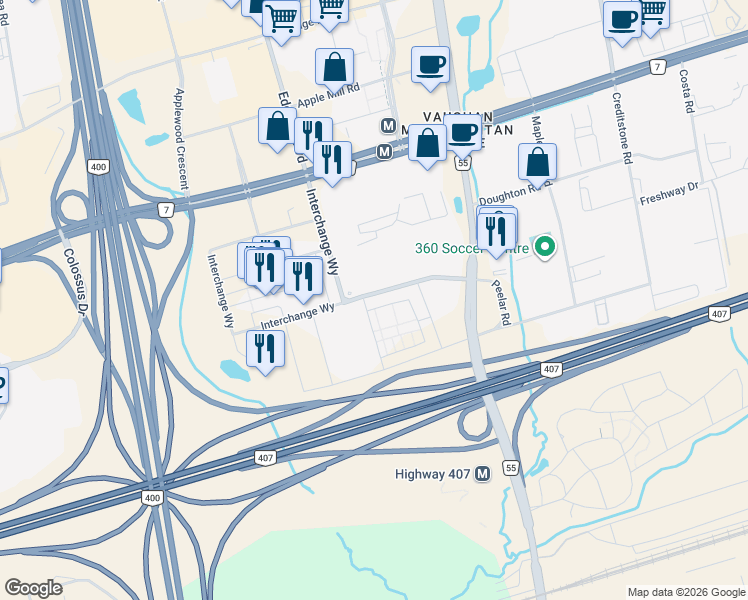 map of restaurants, bars, coffee shops, grocery stores, and more near 10 Honeycrisp Crescent in Vaughan