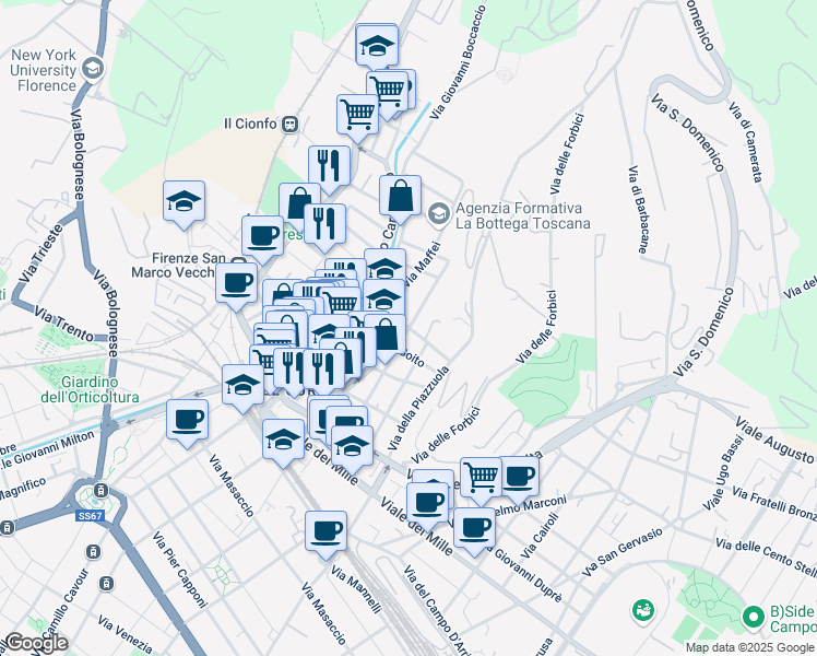 map of restaurants, bars, coffee shops, grocery stores, and more near 41-47 Via Maffei in Firenze