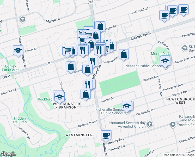 map of restaurants, bars, coffee shops, grocery stores, and more near 6161 Bathurst Street in Toronto