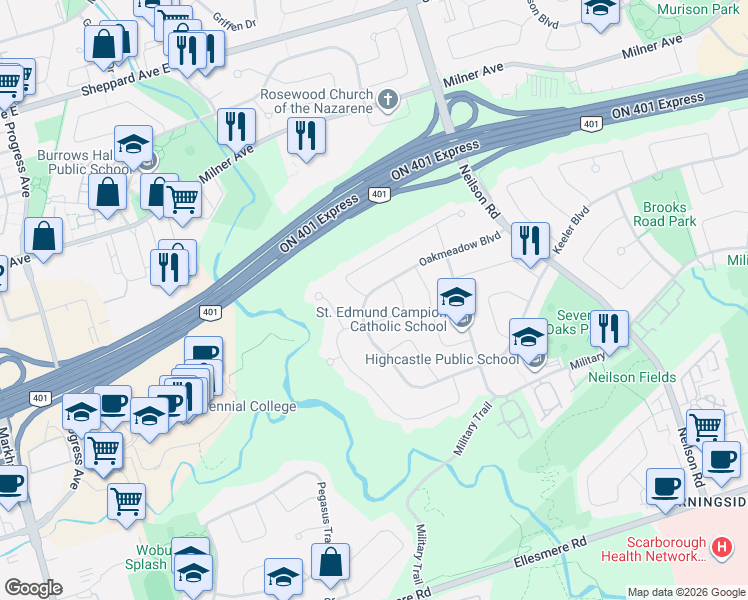 map of restaurants, bars, coffee shops, grocery stores, and more near in Toronto