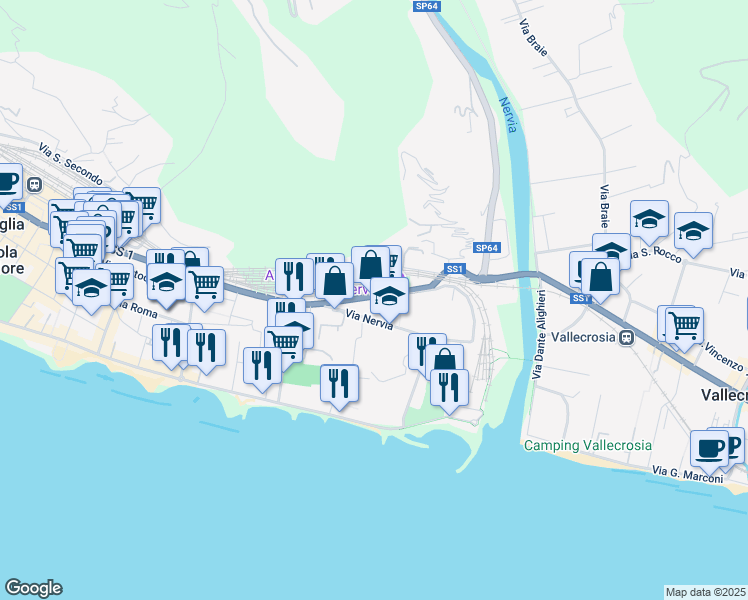 map of restaurants, bars, coffee shops, grocery stores, and more near 116 Corso Genova in Ventimiglia