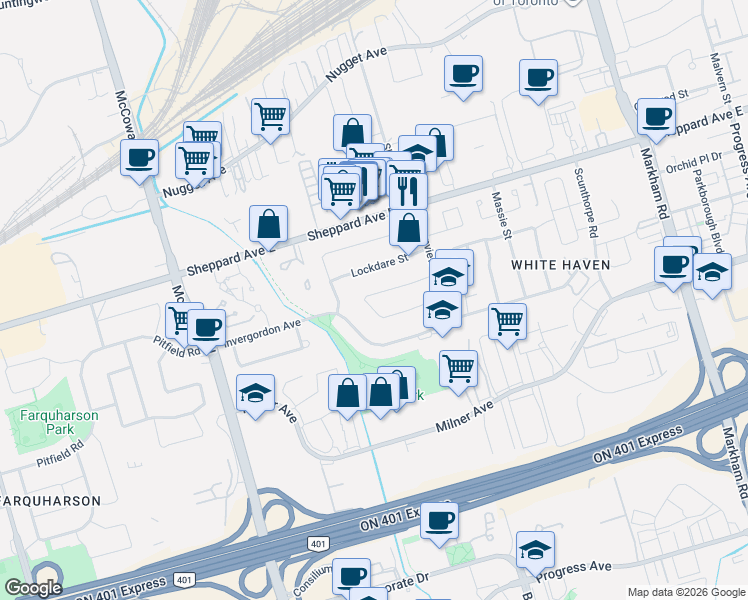 map of restaurants, bars, coffee shops, grocery stores, and more near 47 Kentish Crescent in Toronto