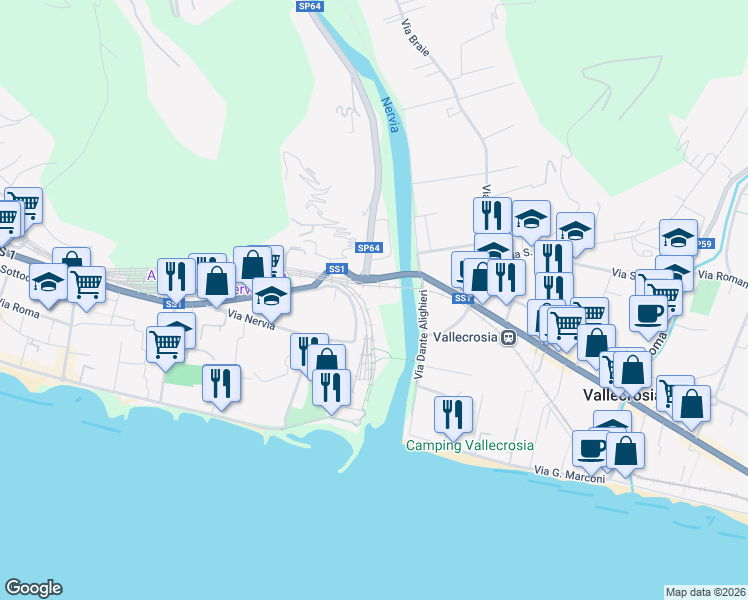 map of restaurants, bars, coffee shops, grocery stores, and more near 83 Via Aurelia in Province of Imperia