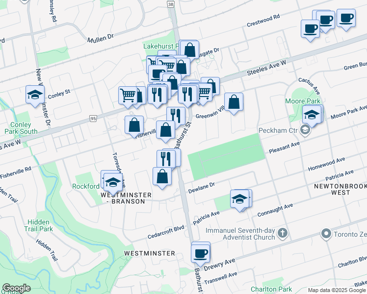 map of restaurants, bars, coffee shops, grocery stores, and more near 6161 Bathurst Street in Toronto