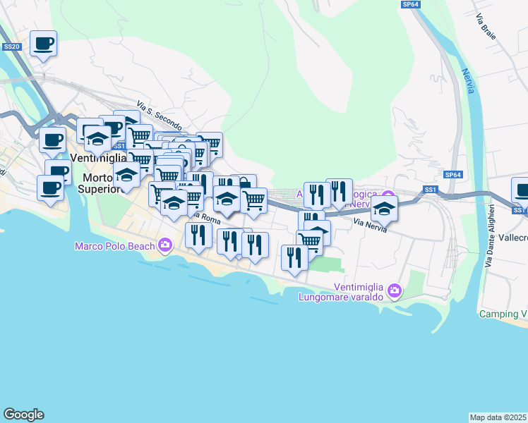 map of restaurants, bars, coffee shops, grocery stores, and more near 56F Corso Genova in Ventimiglia