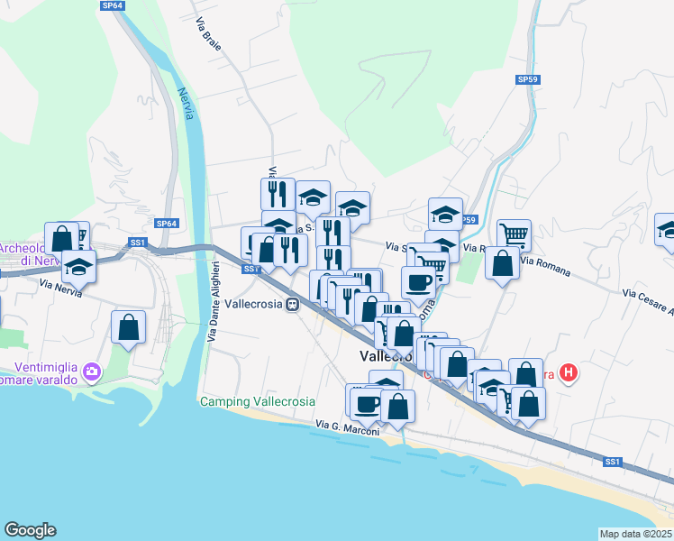 map of restaurants, bars, coffee shops, grocery stores, and more near 160 Via Papa Giovanni XXIII in Vallecrosia