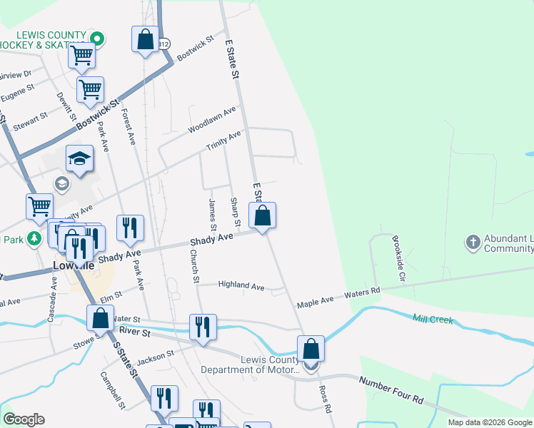 map of restaurants, bars, coffee shops, grocery stores, and more near 7636 East State Street in Lowville