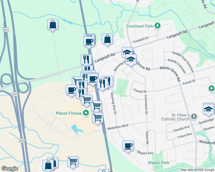 map of restaurants, bars, coffee shops, grocery stores, and more near 54 Cabinet Crescent in Vaughan