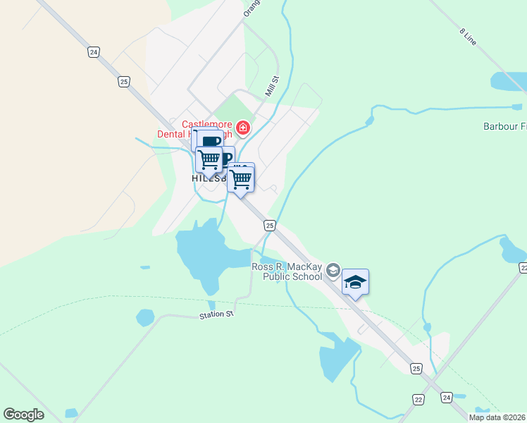 map of restaurants, bars, coffee shops, grocery stores, and more near 83 Trafalgar Road in Erin