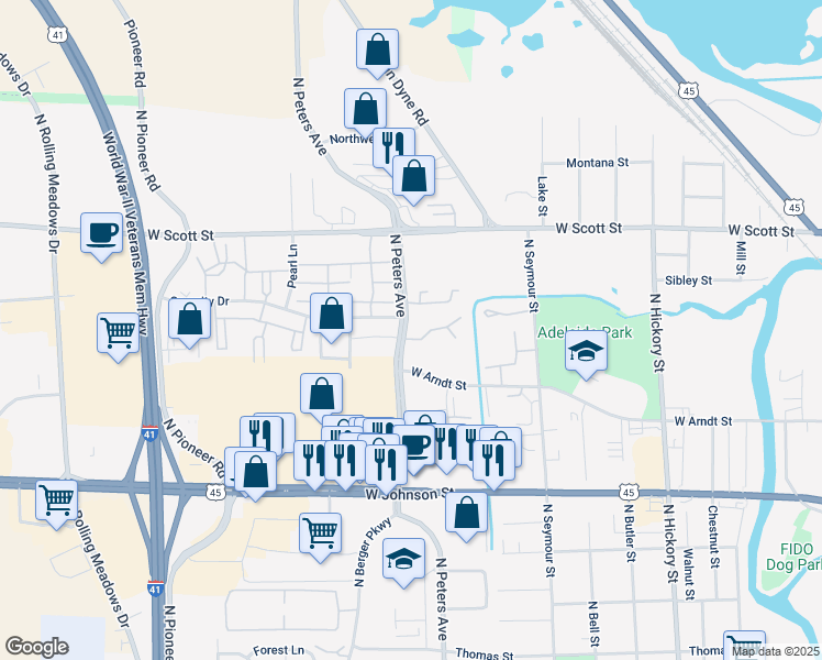 map of restaurants, bars, coffee shops, grocery stores, and more near 362 North Peters Avenue in Fond du Lac