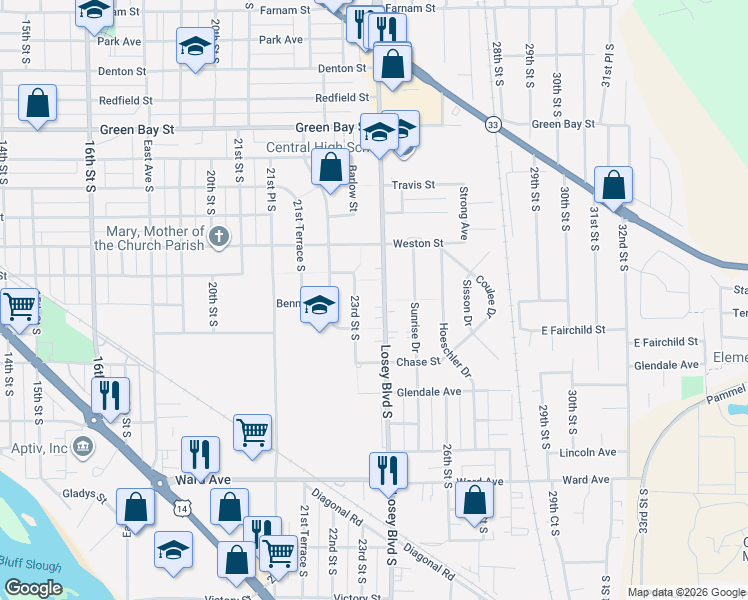 map of restaurants, bars, coffee shops, grocery stores, and more near 2139 Losey Boulevard South in La Crosse