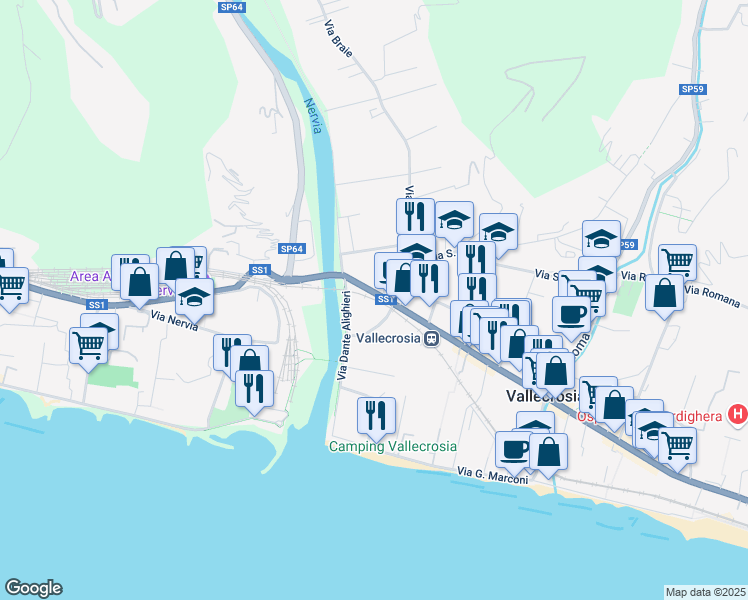 map of restaurants, bars, coffee shops, grocery stores, and more near Strada Statale 1 in Camporosso