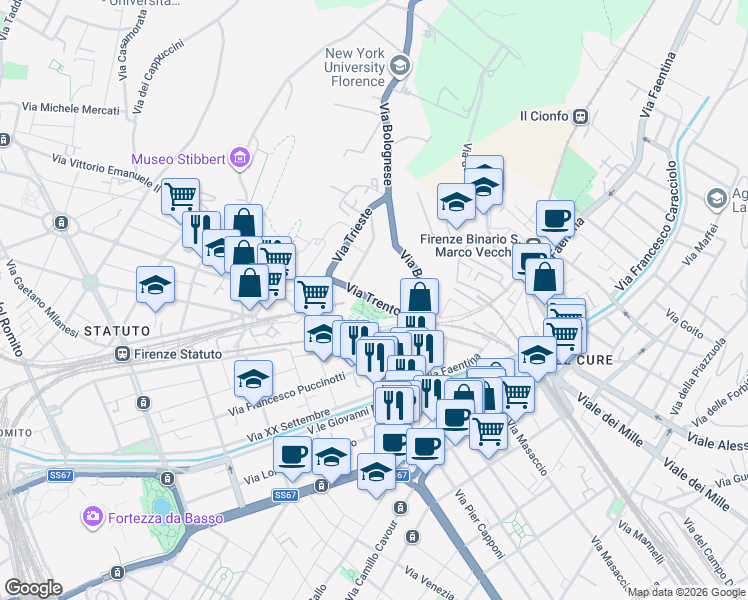 map of restaurants, bars, coffee shops, grocery stores, and more near 18 Via Trento in Florence