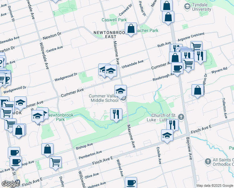 map of restaurants, bars, coffee shops, grocery stores, and more near 16 Donna Court in Toronto