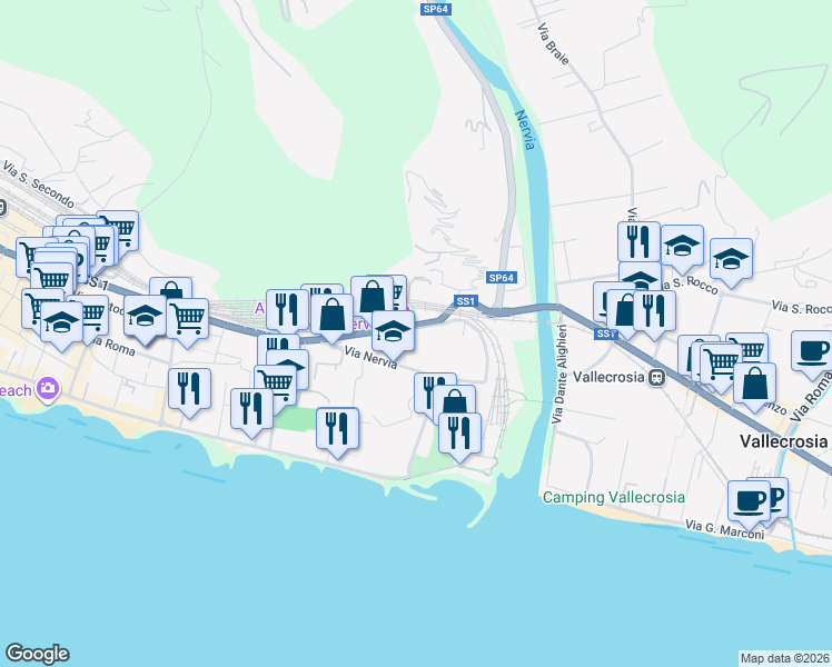 map of restaurants, bars, coffee shops, grocery stores, and more near 2 Via M. E. Basso in Ventimiglia