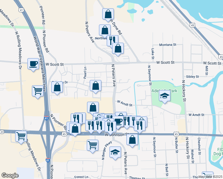 map of restaurants, bars, coffee shops, grocery stores, and more near 362 North Peters Avenue in Fond du Lac