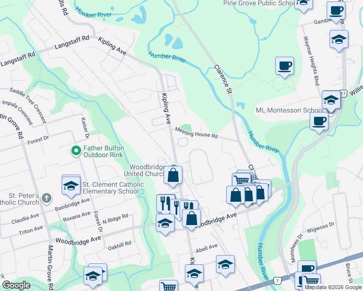 map of restaurants, bars, coffee shops, grocery stores, and more near 123 Meeting House Road in Vaughan