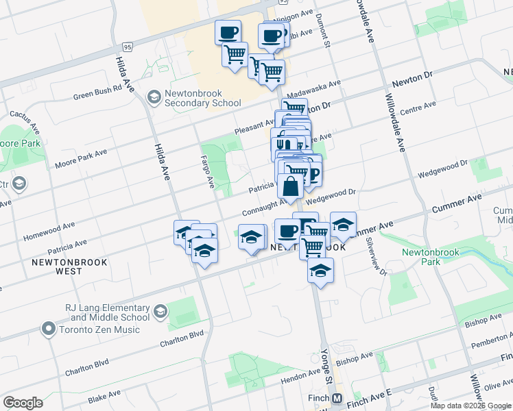 map of restaurants, bars, coffee shops, grocery stores, and more near 46 Connaught Avenue in Toronto