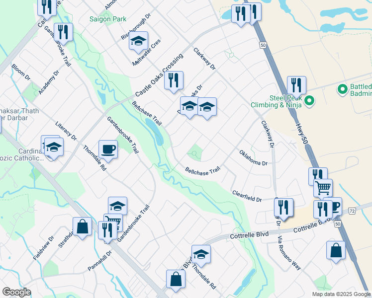 map of restaurants, bars, coffee shops, grocery stores, and more near 22 Franktown Drive in Brampton