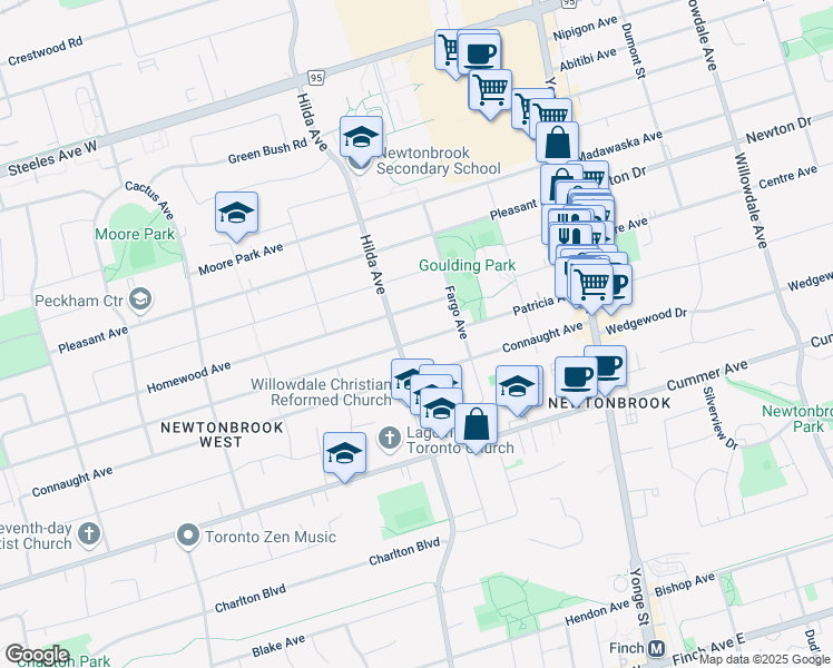 map of restaurants, bars, coffee shops, grocery stores, and more near 122 Patricia Avenue in Toronto