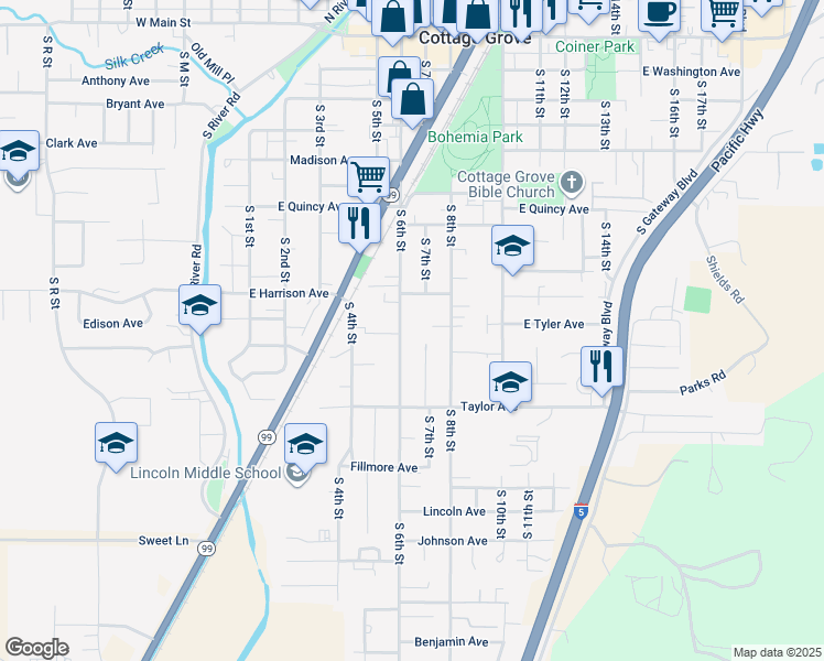 map of restaurants, bars, coffee shops, grocery stores, and more near 928 South 6th Street in Cottage Grove