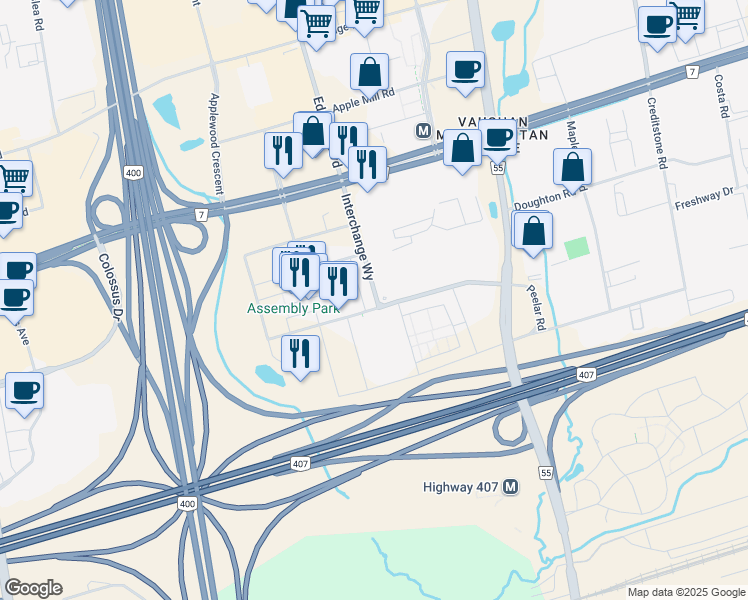 map of restaurants, bars, coffee shops, grocery stores, and more near 50 Interchange Way in Vaughan