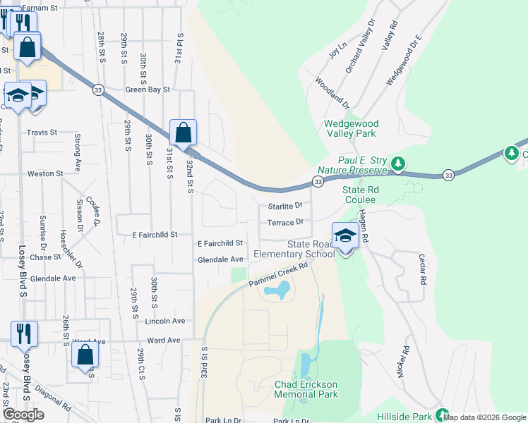 map of restaurants, bars, coffee shops, grocery stores, and more near 4021 Starlite Drive in La Crosse