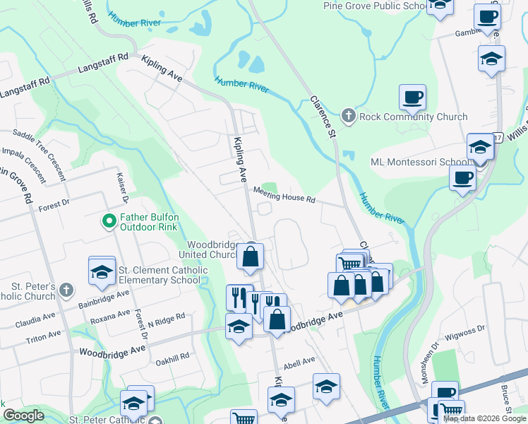 map of restaurants, bars, coffee shops, grocery stores, and more near 8161 Kipling Avenue in Vaughan
