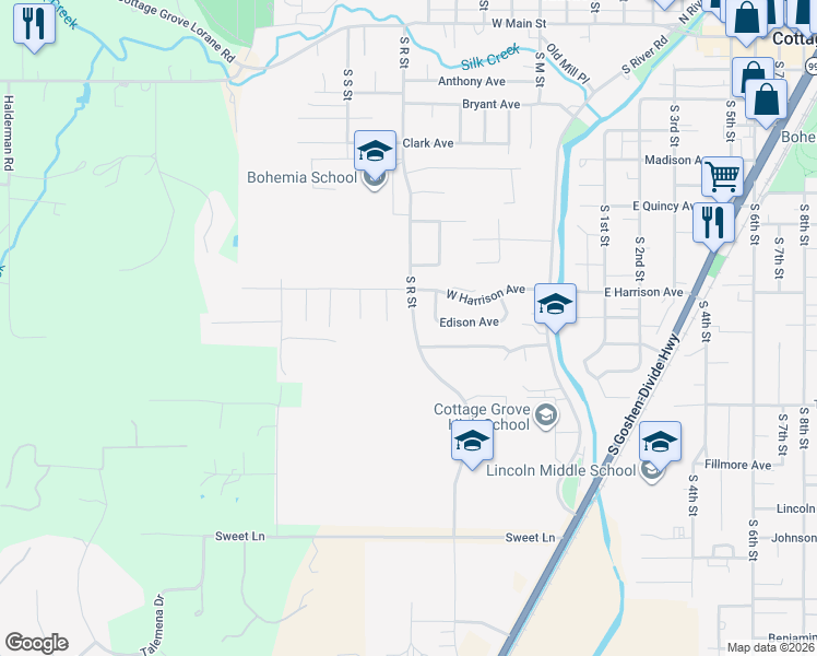 map of restaurants, bars, coffee shops, grocery stores, and more near 947 South R Street in Cottage Grove
