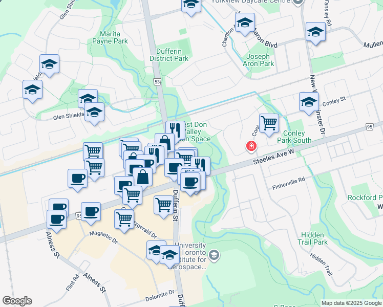 map of restaurants, bars, coffee shops, grocery stores, and more near 2 Maison Parc Court in Vaughan