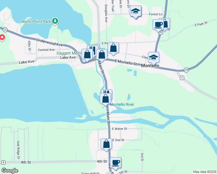 map of restaurants, bars, coffee shops, grocery stores, and more near 107 Main Street in Montello