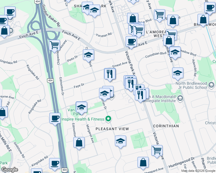 map of restaurants, bars, coffee shops, grocery stores, and more near 11 Bickerton Crescent in Toronto