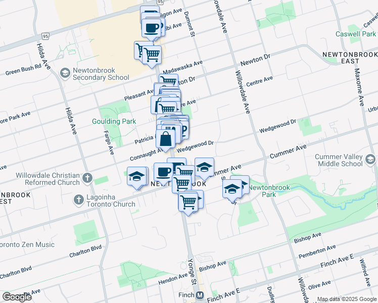 map of restaurants, bars, coffee shops, grocery stores, and more near 15 Wedgewood Drive in Toronto