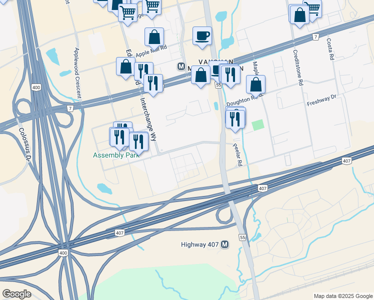 map of restaurants, bars, coffee shops, grocery stores, and more near 38 Honeycrisp Crescent in Vaughan