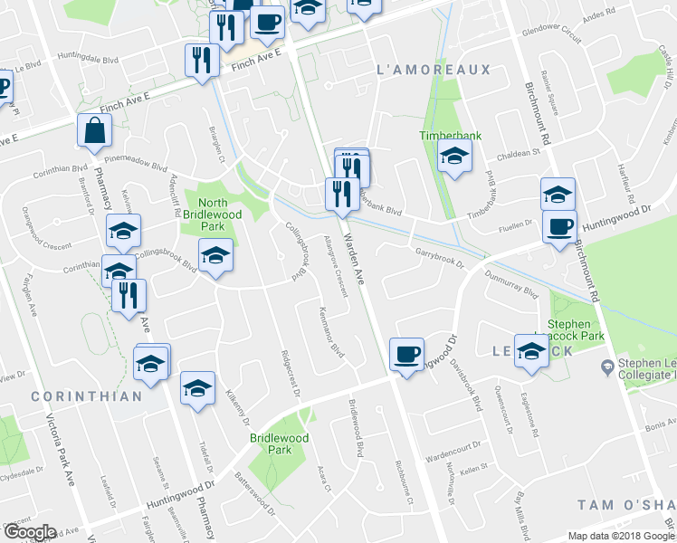 map of restaurants, bars, coffee shops, grocery stores, and more near 37 Allangrove Crescent in Toronto