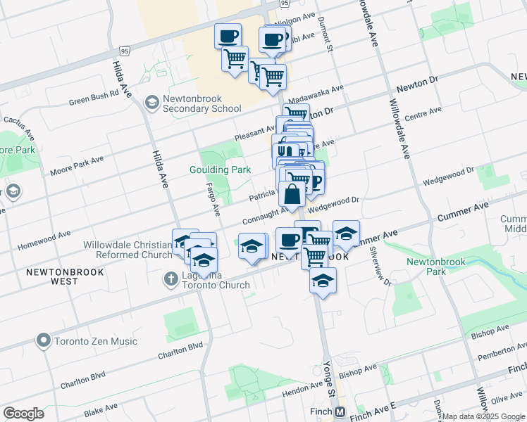 map of restaurants, bars, coffee shops, grocery stores, and more near 44 Connaught Avenue in Toronto