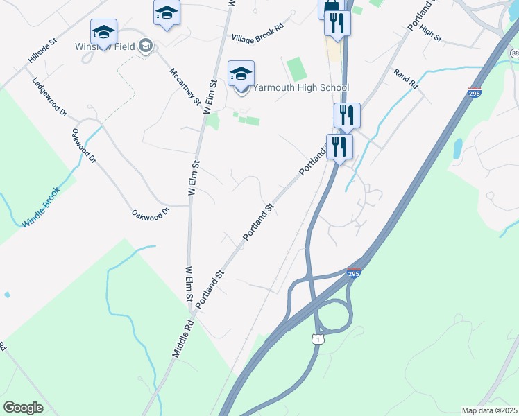 map of restaurants, bars, coffee shops, grocery stores, and more near 22 Winding Way in Yarmouth