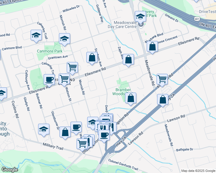 map of restaurants, bars, coffee shops, grocery stores, and more near in Toronto