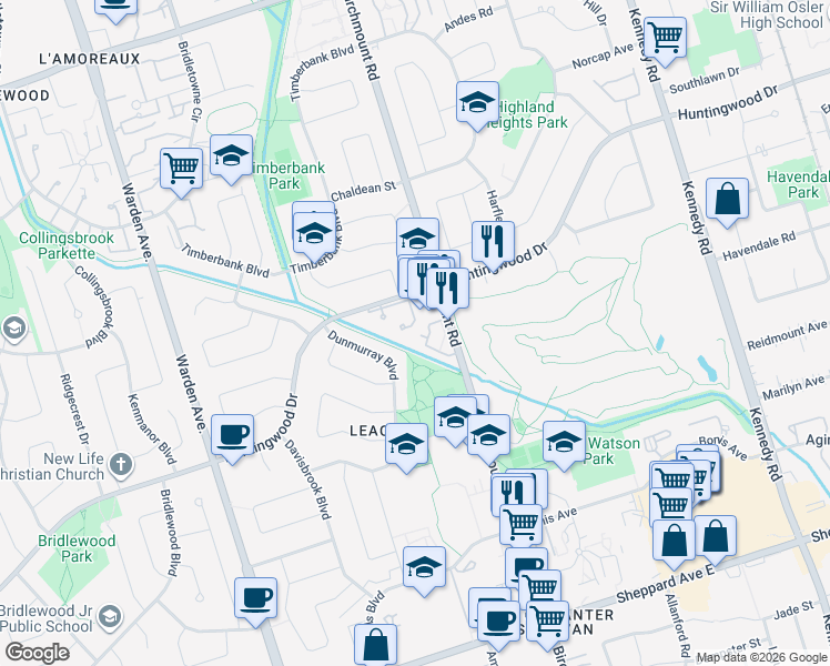 map of restaurants, bars, coffee shops, grocery stores, and more near 2588 Birchmount Road in Toronto