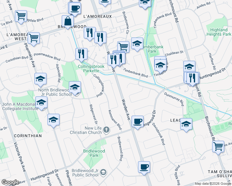 map of restaurants, bars, coffee shops, grocery stores, and more near 24 Roundwood Court in Toronto
