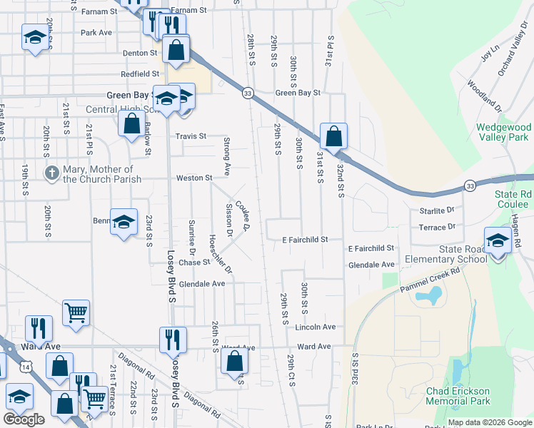 map of restaurants, bars, coffee shops, grocery stores, and more near 2116 29th Street South in La Crosse