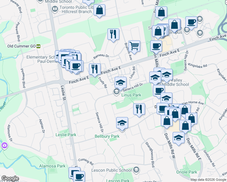map of restaurants, bars, coffee shops, grocery stores, and more near 14 Rock Fern Way in Toronto