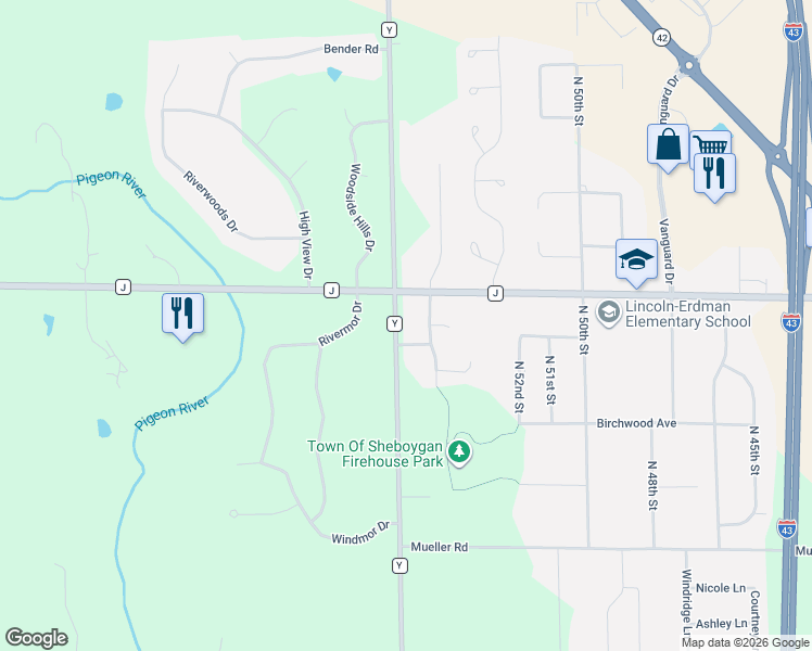 map of restaurants, bars, coffee shops, grocery stores, and more near 4131 County Road Y in Sheboygan