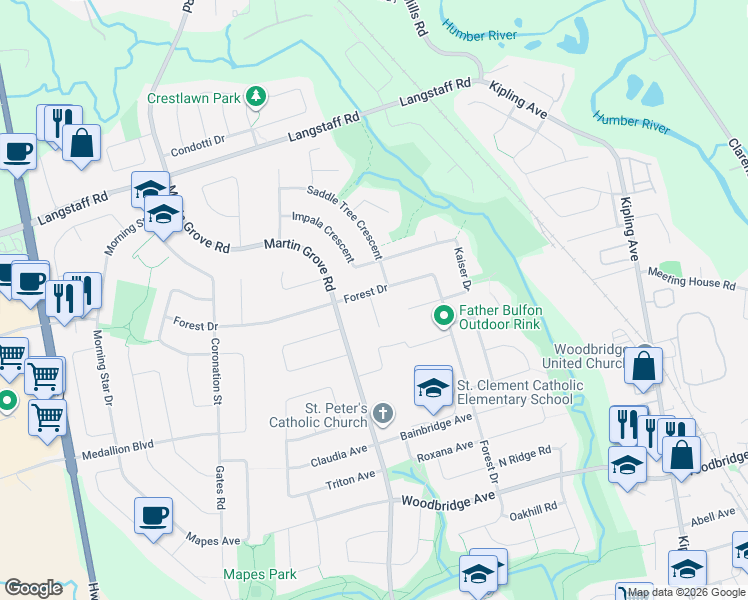 map of restaurants, bars, coffee shops, grocery stores, and more near 19 Mandolin Court in Vaughan