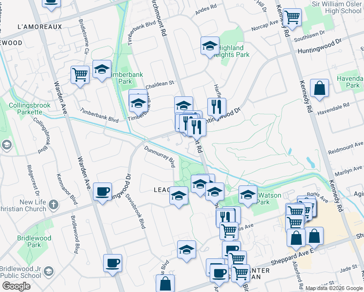 map of restaurants, bars, coffee shops, grocery stores, and more near 2588 Birchmount Road in Toronto