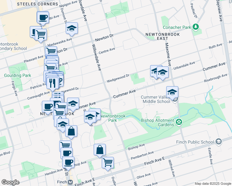 map of restaurants, bars, coffee shops, grocery stores, and more near 162 Cummer Avenue in Toronto