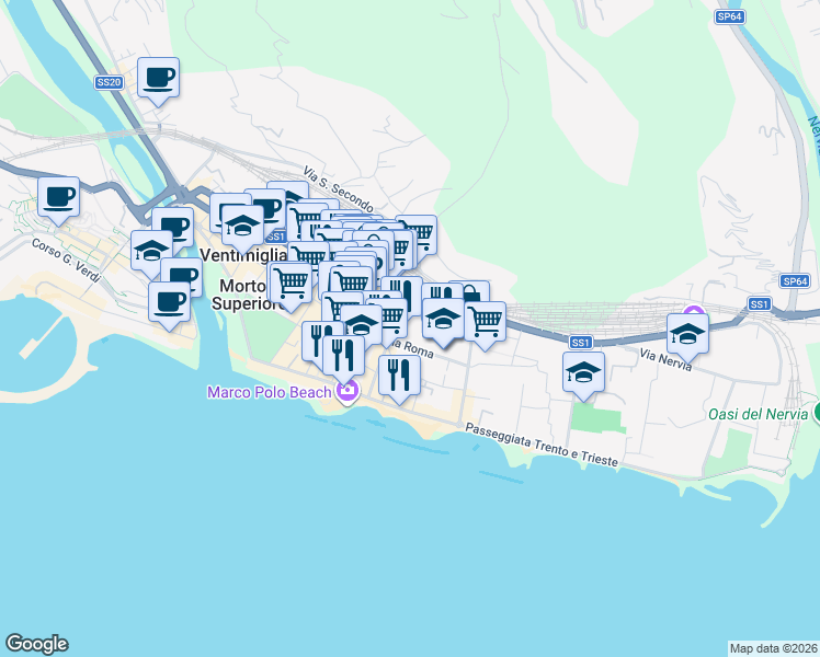 map of restaurants, bars, coffee shops, grocery stores, and more near 55 Via Roma in Ventimiglia