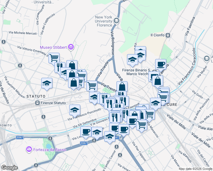 map of restaurants, bars, coffee shops, grocery stores, and more near 18 Via Trento in Firenze