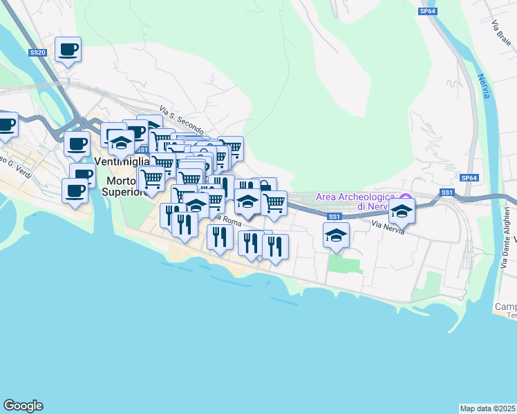 map of restaurants, bars, coffee shops, grocery stores, and more near 49 Via Sottoconvento in Ventimiglia